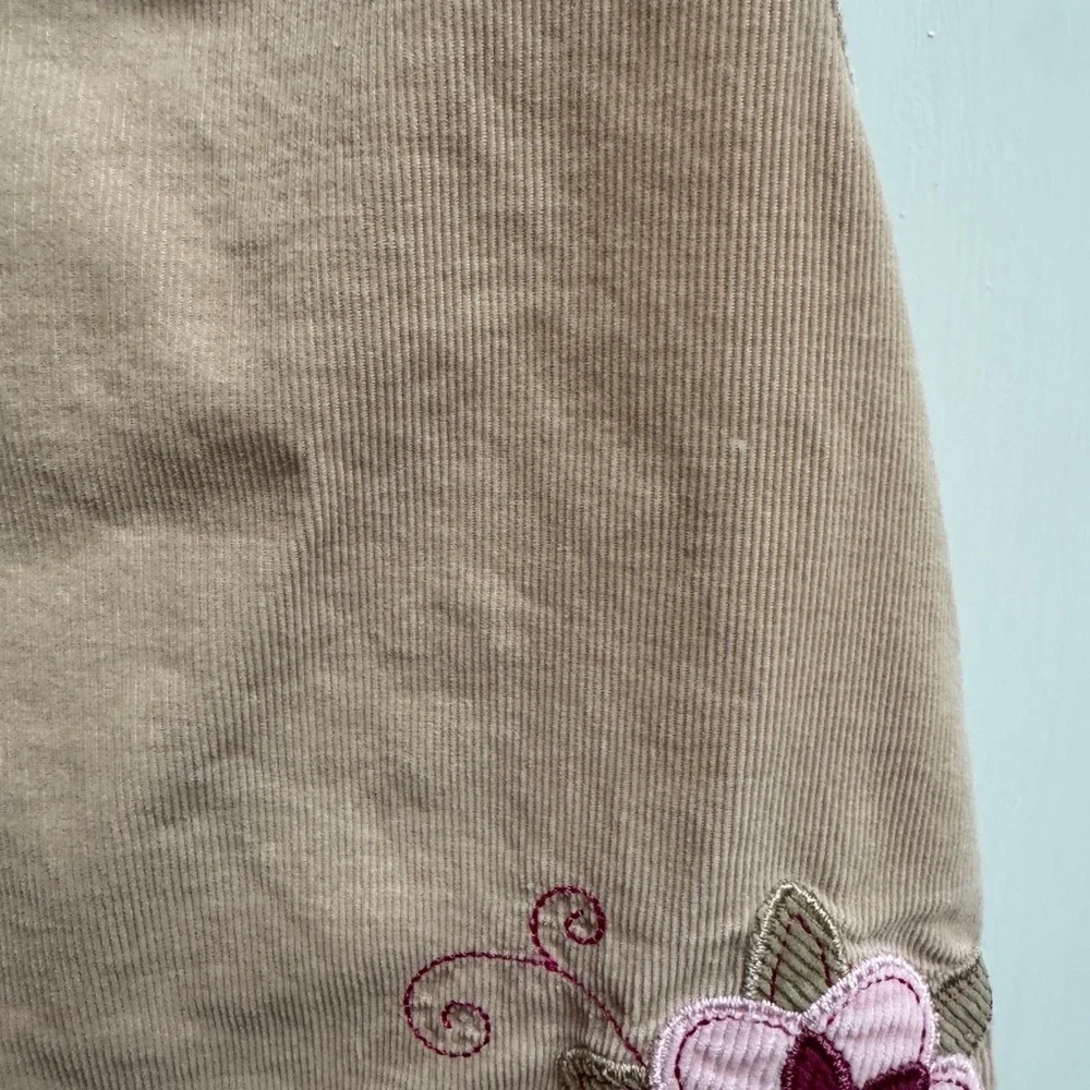 Old Navy 3T Toddler Tan/Khaki Corduroy Tank Top Dress with Ruffles and Flowers